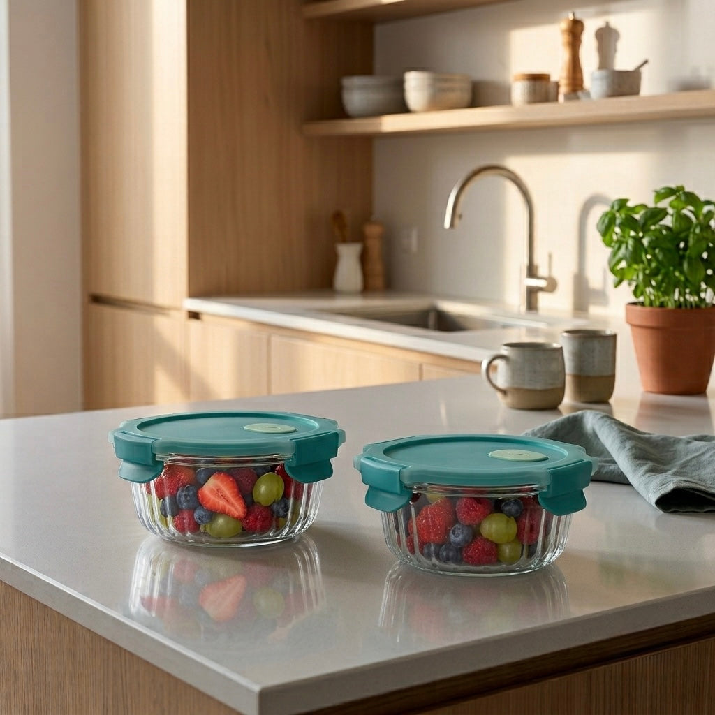 2 Pc Round Glass Food Storage Container Combo – 650ml & 400ml with Slip-Vent Lids