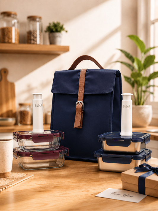 Premium 4-Piece Vacuum Seal Food Storage Gift Combo Set – Glass & Stainless Steel Airtight Storage Containers with Vacuum Pump (Wine & Navy Blue)