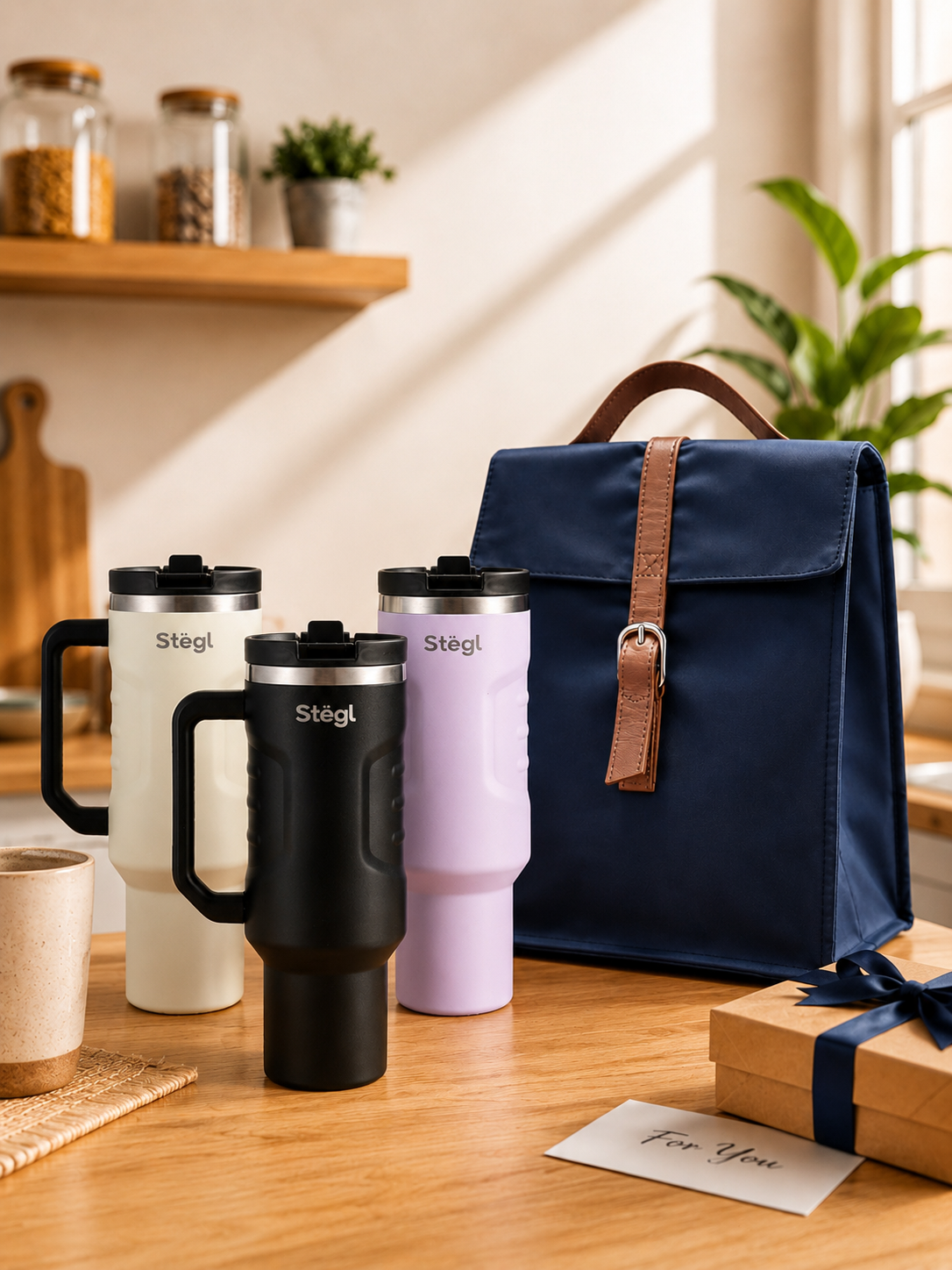 Premium 1.2L Stainless Steel Travel Tumbler Gift Combo Set of 3 – Double Wall Insulated Mug with Handle, Lid & Reusable Straw (Lavender, Beige & Black)