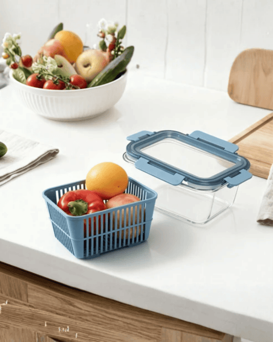 Glass Food Container with Removable Drain Basket