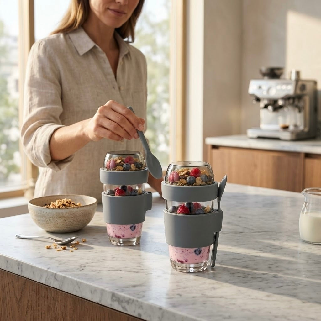 400ml Green Glass Yogurt & Coffee Cups with Topping Lid & Spoon (Pack of 2)