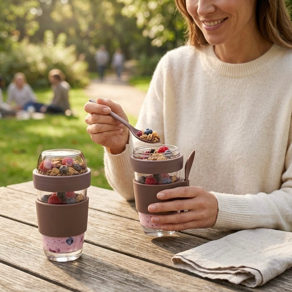 400ml Dusty Rose Glass Yogurt & Coffee Cups with Topping Lid & Spoon (Pack of 2)