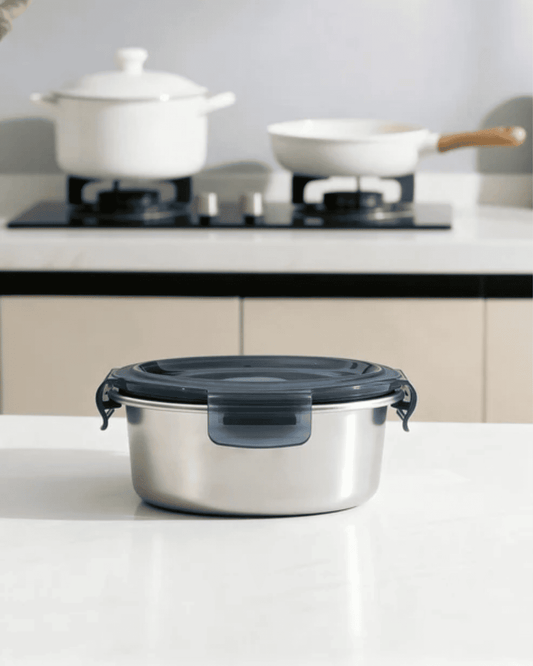 Round Stainless Steel Container with 4-Lock Lid