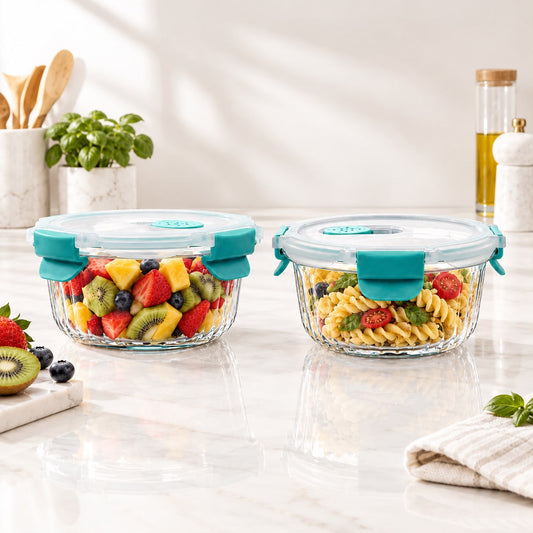 2 Pc Round Glass Food Storage Container Combo – 650ml & 400ml with Slip-Vent Lids